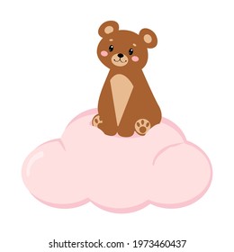 Cute teddy bear sitting on a pink cloud isolated on white background. Vector illustration for children.
