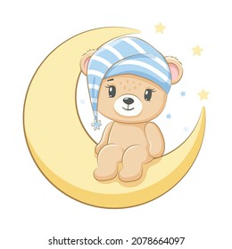 Un lindo oso de peluche está sentado en la luna. Por un chico. Ilustración vectorial de una caricatura.