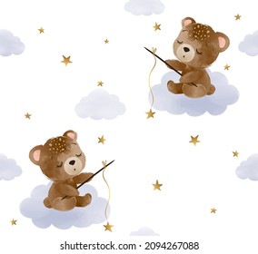 Cute teddy bear is sitting on the cloud and catching stars, seamless pattern design, vector illustration, kids fashion artworks, baby graphics for wallpapers and prints.