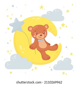 Cute teddy bear sitting on the moon holding a star balloon. Funny character in a cartoon hand-drawn style with stars, clouds. Can be used for t-shirt print, nursery decorations, baby shower card