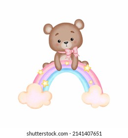 Cute teddy bear sitting on the rainbow nursery baby. Watercolor style vector