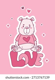Lindo Oso De Peluche Sentado En Las Letras De Amor. Doodle Rosa. Ilustración vectorial. Feliz día de San Valentín diseño de dibujos animados. No es IA