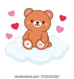 Lindo oso de peluche sentado en la nube Valentine Ilustración