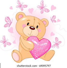 Cute Teddy Bear sitting with pink love heart