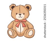 Cute teddy bear sitting with a red bow, ideal for children decor and nursery themes