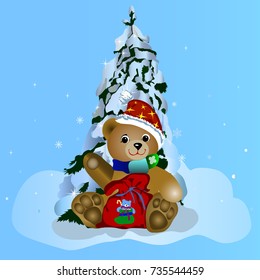 Cute Teddy Bear Sitting in Snowdrift and Holding Sock with Presents. Christmas Vector Illustration