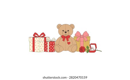 Cute teddy bear sitting surrounded by wrapped gift boxes, a red rose, and a small engagement ring box.
