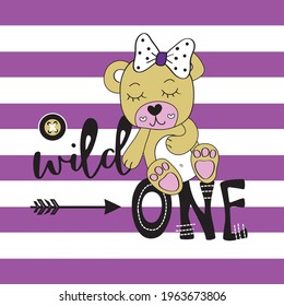 Cute teddy bear sleeping with hand drawn wild one lettering. T-shirt graphics design for kids.