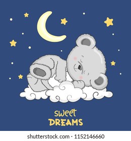 Cute Teddy Bear sleeping on the cloud. Sweet dreams vector illustration.