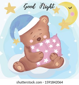 Cute teddy bear sleeping on cloud cartoon,illustration vector doodle comic art.