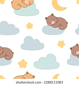 oso de peluche lindo durmiendo sobre nubes en el cielo, patrón sin costura, fondo vectorial