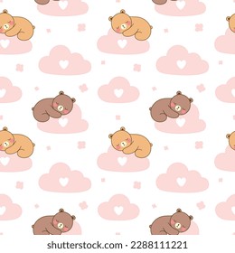 cute teddy bear sleeping on clouds in the sky, seamless pattern, vector background