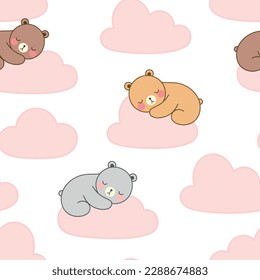 cute teddy bear sleeping on clouds in the sky, seamless pattern, vector background