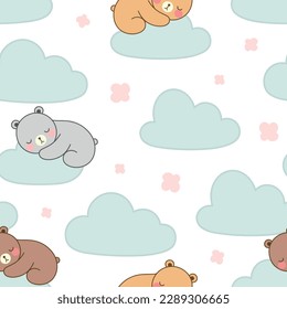 oso de peluche lindo durmiendo sobre nubes en el cielo, patrón sin costura, fondo vectorial