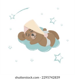 cute teddy bear sleeping on night cloud with dream stars, watercolor nursery animal hand drawn illustration vector