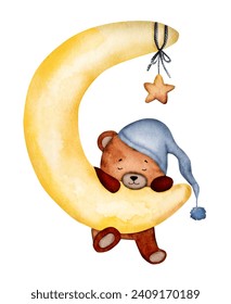 Oso de peluche dormido en la pintura de la acuarela lunar para la tarjeta postal del bebé. Animación animal aquarelle sueñas dulces dibujos para niños decoración