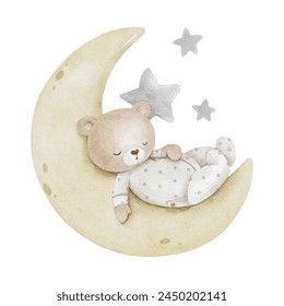 Cute Teddy Bear Sleeping on the Moon Surrounded by Stars	