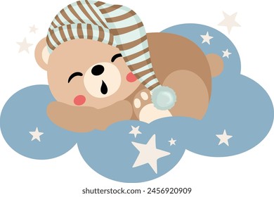 Cute teddy bear sleeping on blue cloud

