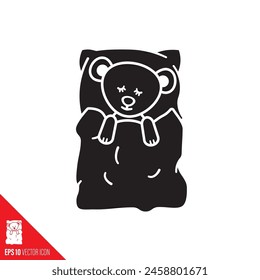 Cute teddy bear sleeping on pillow and under blanket vector glyph icon for Festival Of Sleep Day on January 3