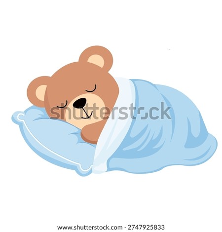 Cute teddy bear  sleeping on pillow under blanket.Vector Illustration