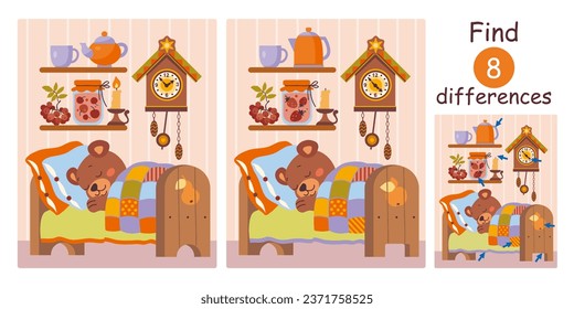 Cute teddy bear sleeps in bed under cozy patchwork quilt. Find differences, education game for children. Flat vector illustration.