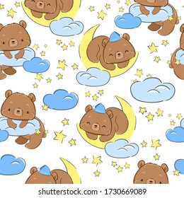 Cute Teddy bear sleeps on the moon print for textiles. Pattern seamless background. Print for pajamas.