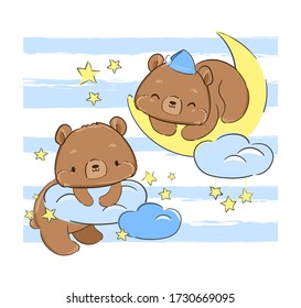 Cute Teddy bear sleeps on the moon print for textiles. Print for pajamas.