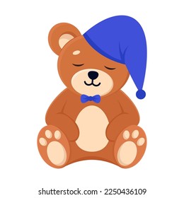 Cute teddy bear sleeps in sleep cap  cartoon character vector illustration  Comic bear and blue elements for scrapbook decoration  baby gender reveal isolated white