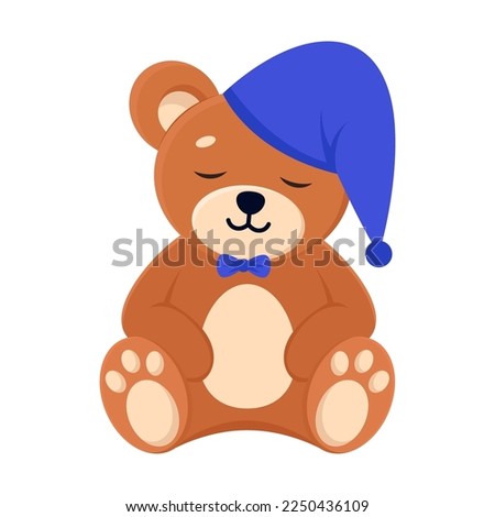 Cute teddy bear sleeps in a sleep cap, cartoon character vector illustration. Comic bear with blue elements for scrapbook or decoration, baby gender reveal isolated on white