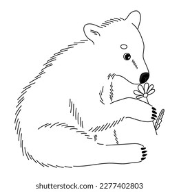 A cute teddy bear sniffs a flower.  Vector hand-drawn line illustration.
