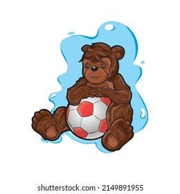 Cute teddy bear with a soccer ball. In cartoon style. Character design. Vector illustration.