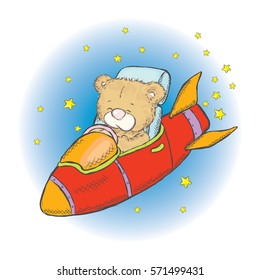 Cute teddy bear in a spaceship. Vector illustration for a card or poster. Astronaut in space.
