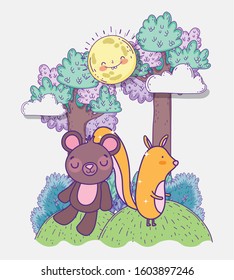cute teddy bear and squirrel cartoon in hills landscape vector illustration