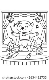Um urso de pelúcia bonito está de pé confiantemente em um palco iluminado, alegremente segurando uma varinha cintilante em sua pata como se estivesse pronto para executar