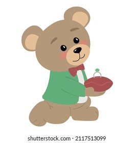 El oso de peluche se pone de rodilla y hace una propuesta de matrimonio con un anillo en las manos. Ilustración vectorial plana