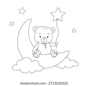 Cute teddy bear with star balloon on moon, hand drawn childish line illustration isolated on white background for coloring book for children