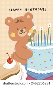 un lindo oso de peluche y estrella en la mejilla con pastel de cumpleaños azul en la fiesta, vela de flores, decoración de la tarjeta con fondo marrón.	