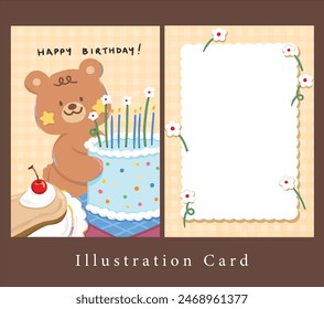 a cute teddy bear and star on cheek with blue birthday cake in party ,flower candle, card decoration with brown background.	