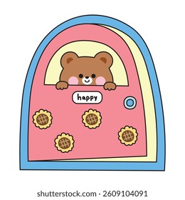 Cute teddy bear stay behide the sunflower wallpaper door.Wild animal character cartoon design.Baby graphic.Kawaii.Vector.Illustration