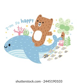 Netter Teddybär bleiben auf Wal auf weißem Hintergrund.Tierischer Zeichentrickfilm.Koralle, Kokospalme, Fisch, Seetang,Seestern von Hand gezeichnet.Marine.Sea Life.Ocean.Logo.Kawaii.Vektorgrafik.Illustration. 