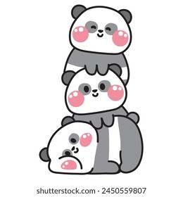 Cute teddy bear stay on top each other greeting.Chinese willd animal character cartoon design.Image for card,poster,sticker,baby clothing,t shirt print screen.Relax.Lay.Kawaii.Vector.Illustration.