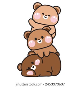 Cute teddy bear stay on top each other greeting.Wild animal character cartoon design.Image for card,poster,sticker,baby clothing,t shirt print screen.Relax.Lay.Kawaii.Vector.Illustration.