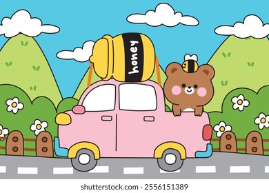 Cute teddy bear stay on pickup truck car with honey jar and bee on the road.Mountain,flower,cloud,sky background.Traffic.Vehicle.Wild animal character cartoon design.Kawaii.Vector.Illustration.