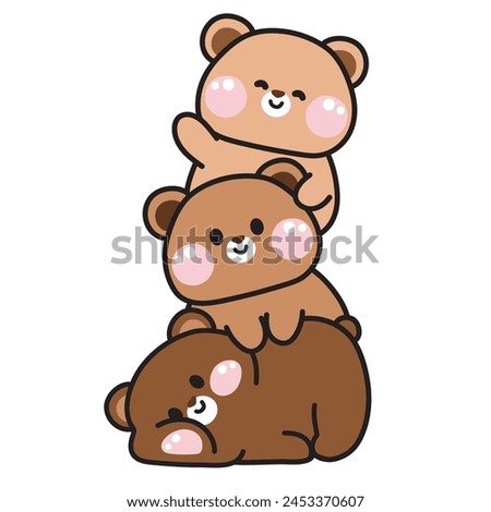 Cute teddy bear stay on top each other greeting.Wild animal character cartoon design.Image for card,poster,sticker,baby clothing,t shirt print screen.Relax.Lay.Kawaii.Vector.Illustration.