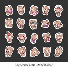 Cute teddy bear. Sticker Bookmark. Adorable toy character of childhood. Hand drawn style. Vector drawing. Collection of design elements.