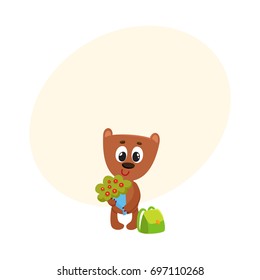 Cute teddy bear student character with backpack holding bunch of flowers, back to school concept, cartoon vector illustration with space for text. Little bear student with bunch of flowers