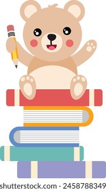 Netter Teddybär Student hält Bleistift auf Bücher