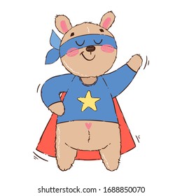 Cute teddy bear superhero isolated on white background. Animal character hero with mask and cloak. Cartoon vector illustration in hand drawn style. Design for children's books, print, poster, fabric.