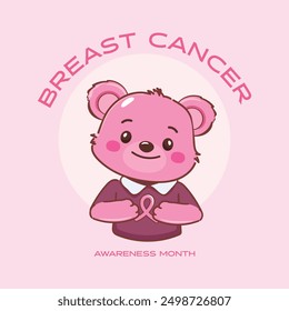 Cute teddy bear support breast cancer with pink ribbon cartoon mascot design. Illustration vector premium