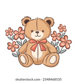 Un oso de peluche lindo rodeado de flores de colores, perfecto para una decoración de la habitación de los niños o tarjeta